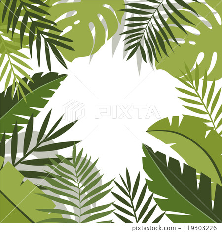 Flat tropical leaves background. Frame of bright tropical plants Hand painted monstera and palm leaves 119303226
