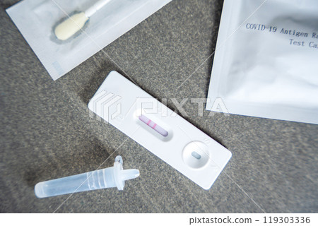 Rapid Antigen Test kit with with Positive result during swab COVID-19 testing. Coronavirus Self nasal or Home test, Autumn exacerbation of viruses 119303336
