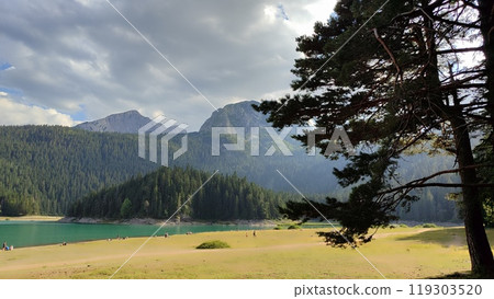 A lake surrounded by a lush forest and mountains in the back A lake surrounded by a lush forest and mountains in the back 119303520
