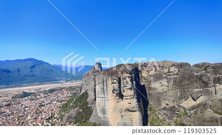 Aerial view shows a vibrant city surrounded by mountains and cliffs 119303525