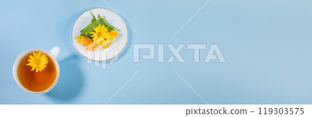 White cup of calendula tea, fresh marigold flowers on saucer on blue. Banner. Top view. Copy space. White cup of calendula tea, fresh marigold flowers on saucer on blue. Banner. Top view. Copy space. 119303575