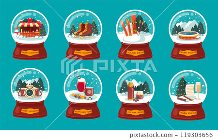 Festive Snow Globes Collection, 8 Christmas Themes in Vector illustration Festive Snow Globes Collection, 8 Christmas Themes in Vector illustration 119303656
