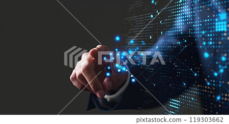 A person is pointing at a world map on a computer screen 119303662