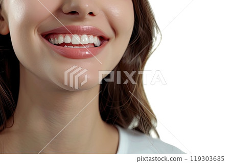 A woman with a bright smile displaying her white teeth in a closeup photo A woman with a bright smile displaying her white teeth in a closeup photo 119303685