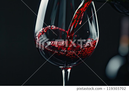 Red wine is being poured into a wine glass on a black background 119303702