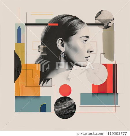 A portrait of a woman with long hair surrounded by geometric shapes 119303777