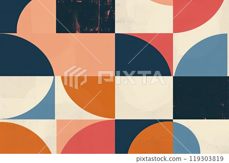 Colorful geometric pattern with circles and squares on black background 119303819