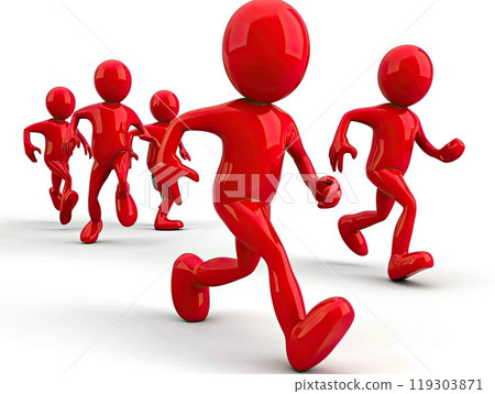 A row of joyful red cartoon characters running together in a line 119303871