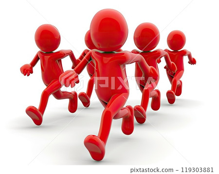 A row of joyful red cartoon characters running together in a line 119303881