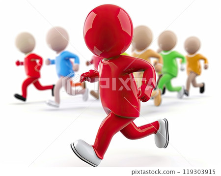 A row of joyful red cartoon characters running together in a line 119303915