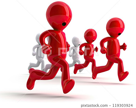 A row of joyful red cartoon characters running together in a line 119303924