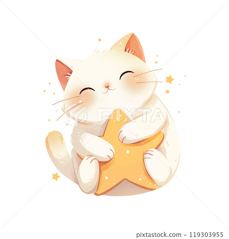A cute cat is holding a star in its mouth. The cat is smiling and he is happy. The image has a playful and whimsical mood, as it features a cat and a star, which are both symbols of innocence 119303955