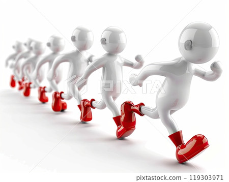 A row of joyful red cartoon characters running together in a line 119303971