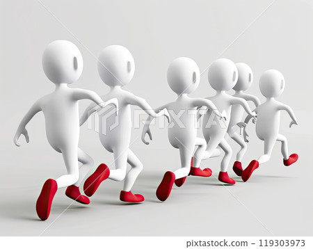A row of joyful red cartoon characters running together in a line 119303973