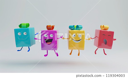 Colorful gift boxes with arms and legs happily jump in the air 119304003