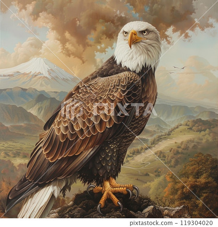 A bald eagle perched in a tree with a blue sky in the background 119304020