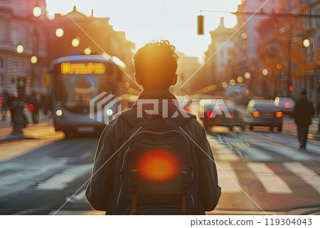 A man wearing a backpack is strolling along a bustling urban street 119304043