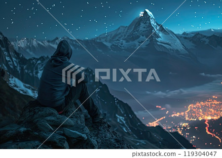 A man sits on a mountain, looks at a city at night 119304047