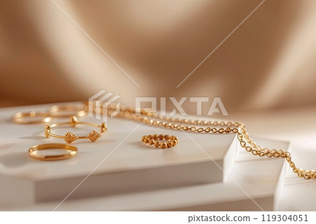 Gold jewelry styles displayed body, amber, and woodpatterned pieces 119304051