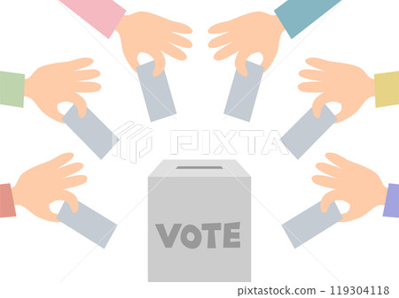 Illustration of people's hands casting votes in a ballot box 119304118