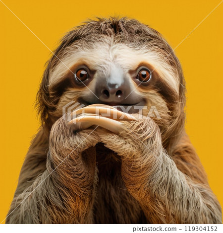 A threetoed sloth is grasping a banana with its paws 119304152