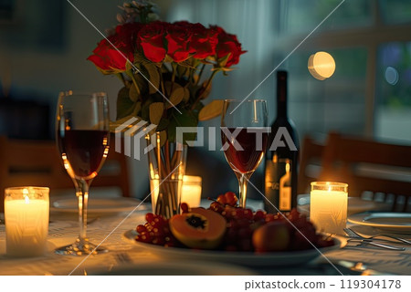 A dining table decorated with candles and flowers set for a meal 119304178