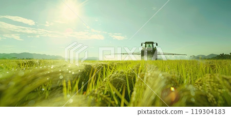 A tractor is spraying fertilizer on a lush green field in the countryside A tractor is spraying fertilizer on a lush green field in the countryside 119304183
