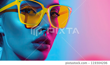 A detailed image of a woman wearing sunglasses under neon lighting 119304206