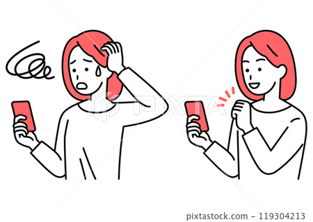 A set of casual women operating smartphones (trouble/fist pose) 119304213