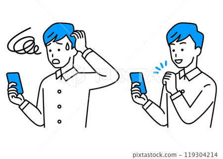 A set of casual men operating a smartphone (trouble/fist pose) A set of casual men operating a smartphone (trouble/fist pose) 119304214