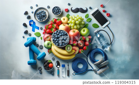 Healthy Lifestyle Concept with Fruits, Fitness Gear, and Blue Ribbon 119304315