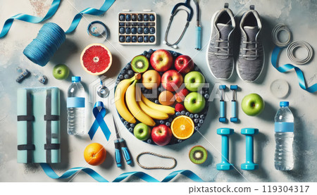 Healthy Lifestyle Flat Lay with Fruits and Fitness Gear Healthy Lifestyle Flat Lay with Fruits and Fitness Gear 119304317
