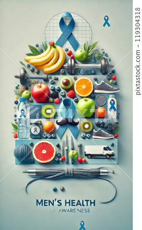 Men's Health Awareness Concept with Blue Ribbon and Fitness Items 119304318