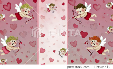 Cute Cupids with Hearts and Bows in a Romantic Background 119304319