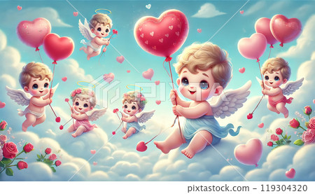 Adorable Baby Cupids with Heart Balloons in the Clouds 119304320