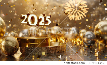 Golden 2025 New Year Celebration with Fireworks and Balloons 119304342