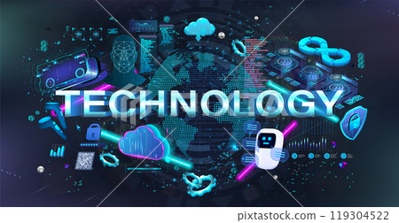 Hi-tech banner. Virtual reality technologies and networks powered by software. AR, VR 119304522