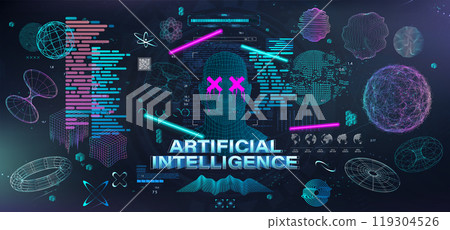 Holographic AI in humanoid head. Futuristic visualization Artificial intelligence. 3D Cyberpunk vector Holographic AI in humanoid head. Futuristic visualization Artificial intelligence. 3D Cyberpunk vector 119304526