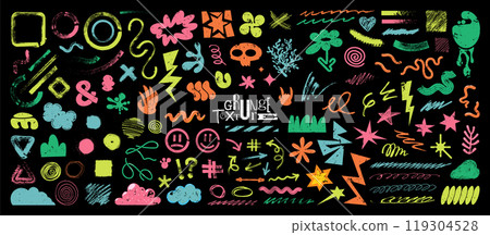 Doodles and abstract grunge elements. Minimalist shapes, Retro vibe 00s, 90s 119304528