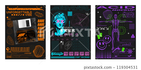 Retrofuturistic posters set, Y2k, techno style Retrofuturistic posters set, Y2k, techno style 119304531