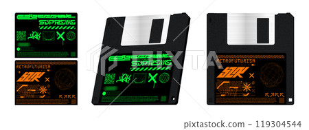 Floppy disk 3D mockup with Futuristic letterings and abstract shapes Floppy disk 3D mockup with Futuristic letterings and abstract shapes 119304544