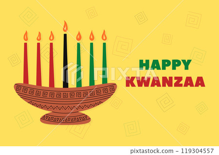 Happy Kwanzaa holiday poster. Horizontal vector illustration of African kinara Kwanzaa symbol and text on yellow background. Seven lit candles in holder with traditional ornament Happy Kwanzaa holiday poster. Horizontal vector illustration of African kinara Kwanzaa symbol and text on yellow background. Seven lit candles in holder with traditional ornament 119304557