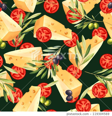 Seamless pattern with branch of olives, cheese and tomato. Food background 119304569