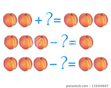 Action relationship of addition and subtraction, examples with peaches. Educational games for children. Action relationship of addition and subtraction, examples with peaches. Educational games for children. 119304607