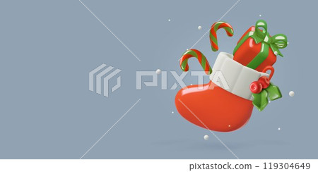 3d Christmas stocking with gifts box candy canes and holly berry red Santa sock background 3d Christmas stocking with gifts box candy canes and holly berry red Santa sock background 119304649