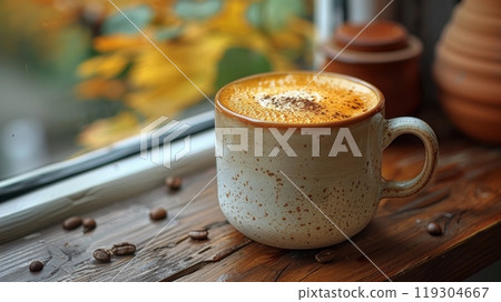 Cozy Latte by Window with Autumn View. Rustic mug of creamy latte on a wooden windowsill, surrounded by coffee beans, with autumn foliage in the background. 119304667