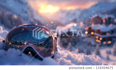 Ski goggles in the snow reflecting a mountain village at sunset. Winter sports and travel concept. 119304675