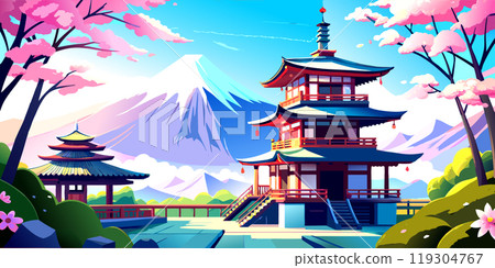 Traditional Japanese landscape with sakura and Mount Fuji 119304767