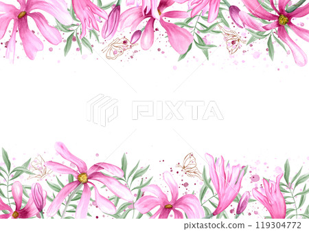 Spring blooming pink flowers, green eucalyptus, fluttering golden butterflies on watercolor splashes horizontal frame. Magnolia flowers illustration with copy space for text. For invitation, greeting Spring blooming pink flowers, green eucalyptus, fluttering golden butterflies on watercolor splashes horizontal frame. Magnolia flowers illustration with copy space for text. For invitation, greeting 119304772