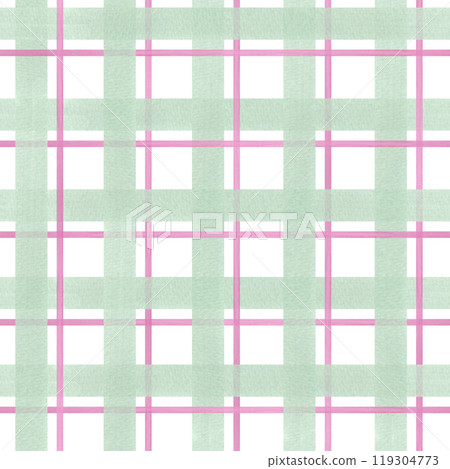 Gingham ornate in pastel colors seamless checkered pattern. Pink, green plaid watercolor illustration. Brush stroke striped, tartan texture. For spring textile, package decor. Gingham ornate in pastel colors seamless checkered pattern. Pink, green plaid watercolor illustration. Brush stroke striped, tartan texture. For spring textile, package decor. 119304773